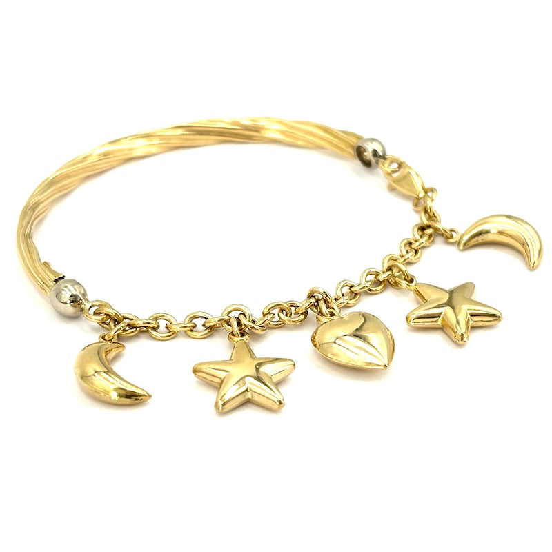 Bracciale semirigido con charms stelle, lune e cuore, oro giallo; 12.8 gr