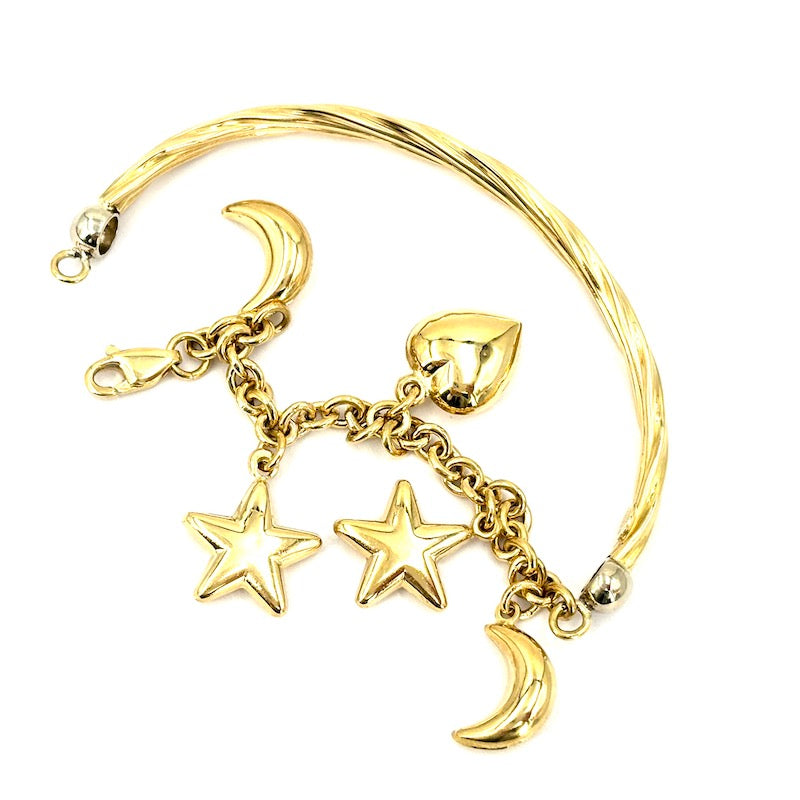 Bracciale semirigido con charms stelle, lune e cuore, oro giallo; 12.8 gr