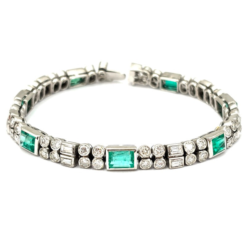 Bracciale tennis smeraldi, diamanti, oro bianco - capolavoro; 19.5 cm - 34.3 gr