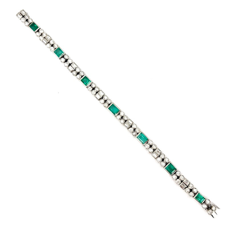 Bracciale tennis smeraldi, diamanti, oro bianco - capolavoro; 19.5 cm - 34.3 gr