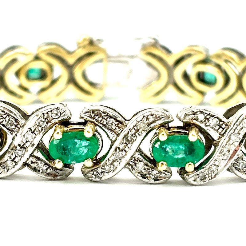 Bracciale tennis vintage smeraldi, diamanti, oro e argento; 18.5 cm - 32.24 gr