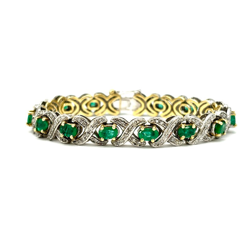 Bracciale tennis vintage smeraldi, diamanti, oro e argento; 18.5 cm - 32.24 gr