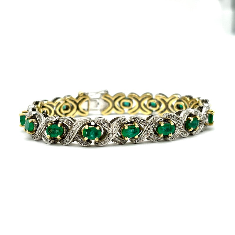 Bracciale tennis vintage smeraldi, diamanti, oro e argento; 18.5 cm - 32.24 gr