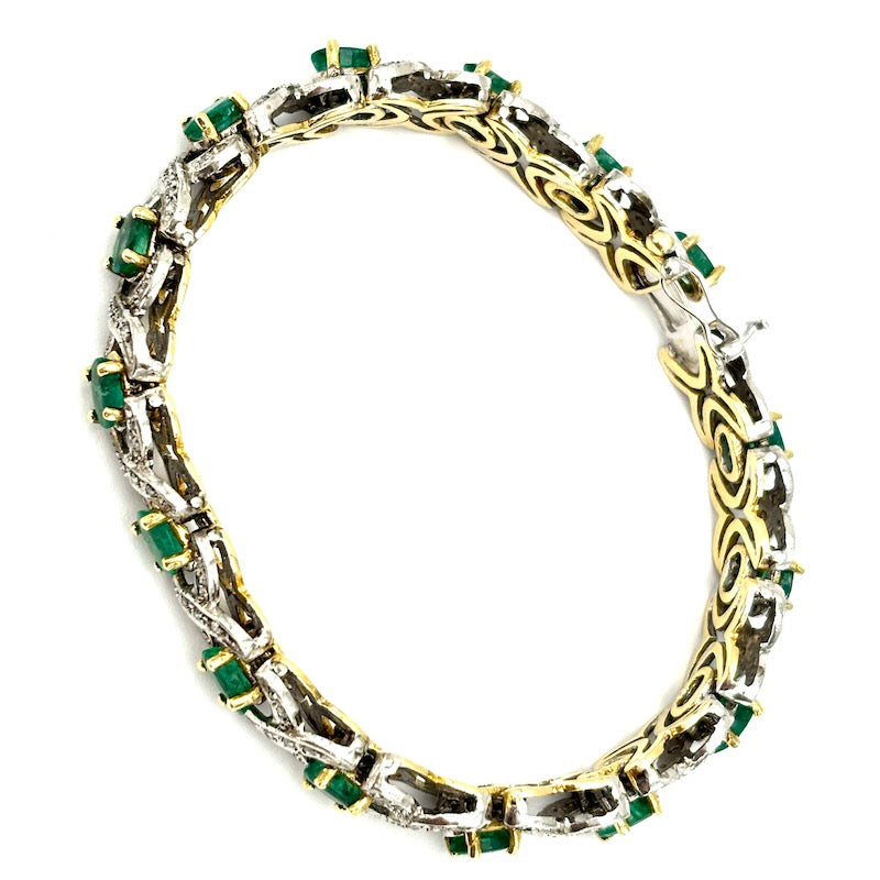 Bracciale tennis vintage smeraldi, diamanti, oro e argento; 18.5 cm - 32.24 gr