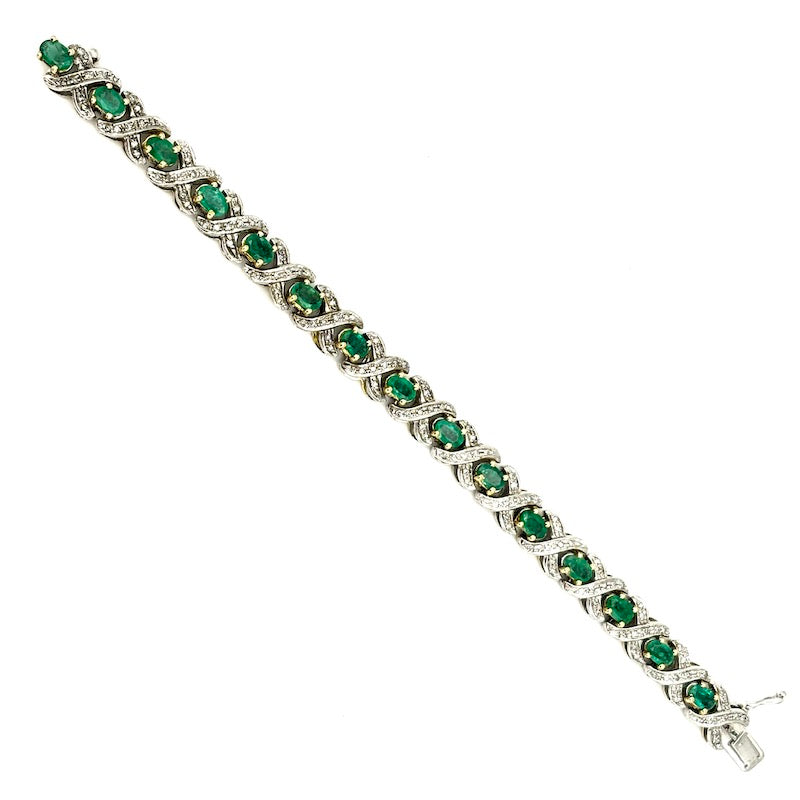 Bracciale tennis vintage smeraldi, diamanti, oro e argento; 18.5 cm - 32.24 gr
