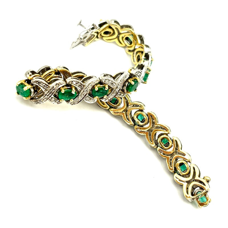 Bracciale tennis vintage smeraldi, diamanti, oro e argento; 18.5 cm - 32.24 gr