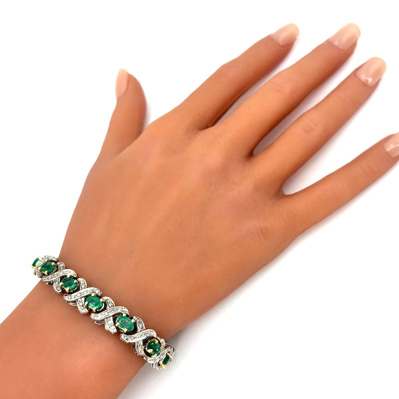 Bracciale tennis vintage smeraldi, diamanti, oro e argento; 18.5 cm - 32.24 gr