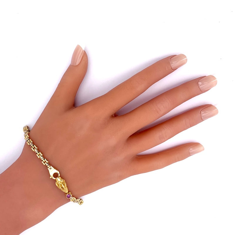 Bracciale uomo oro, testa di leone, catena bicolore - 17.6 gr