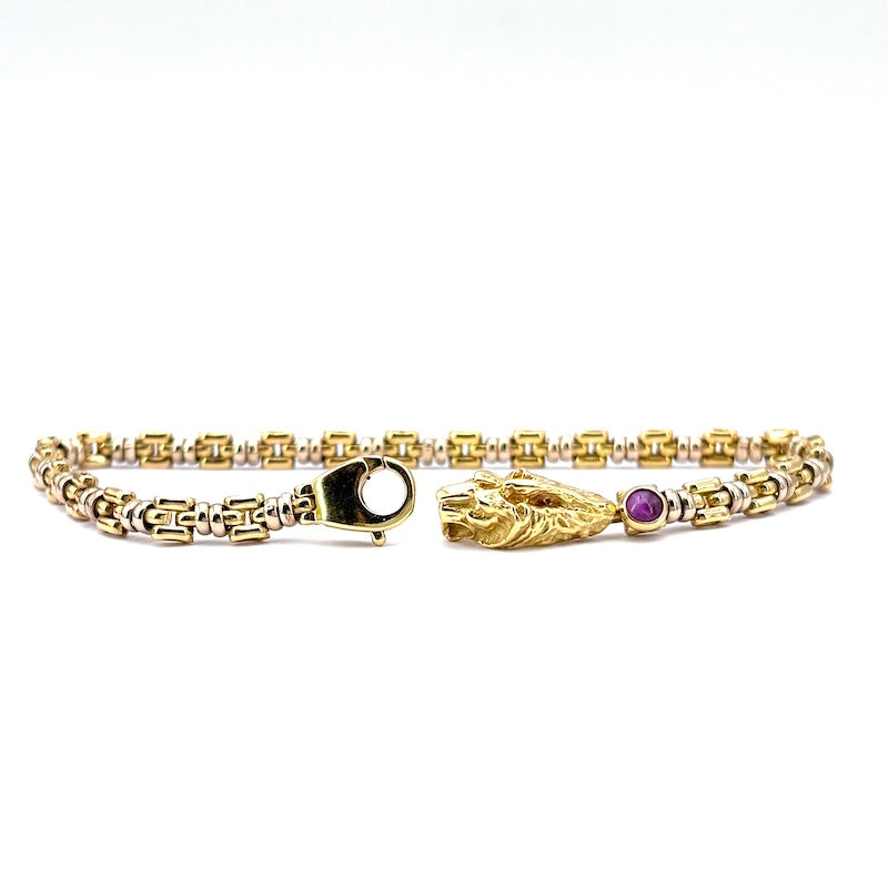 Bracciale uomo oro, testa di leone, catena bicolore - 17.6 gr