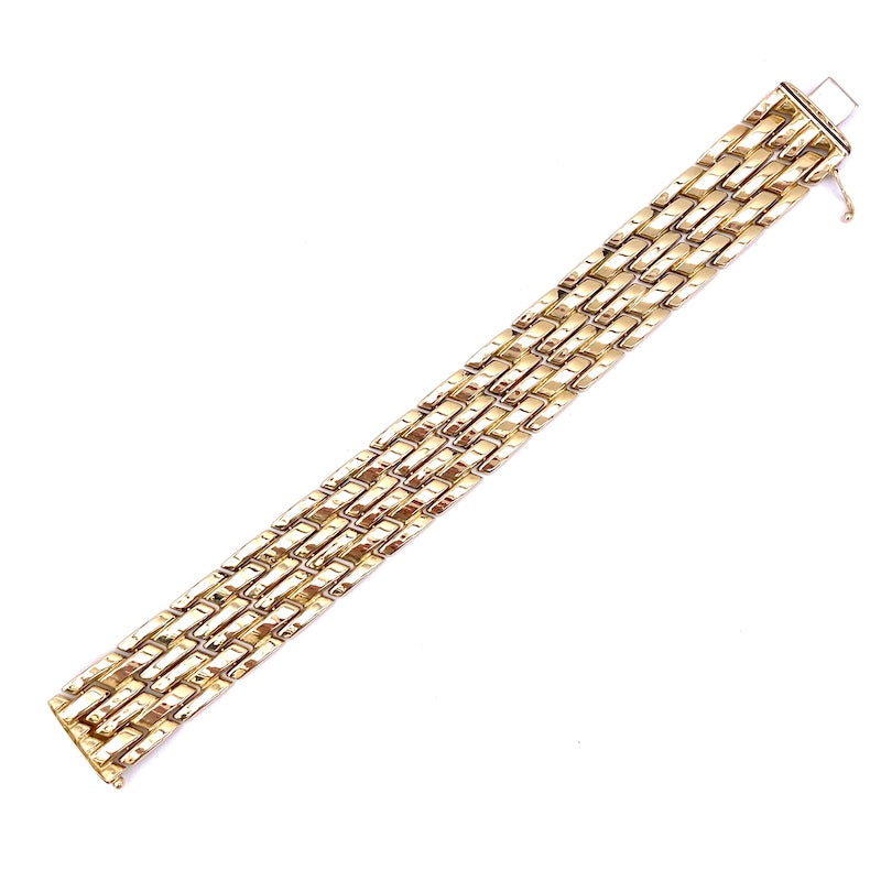 Bracciale vintage oro, polsino a fascia larga barrette; 33.19 gr