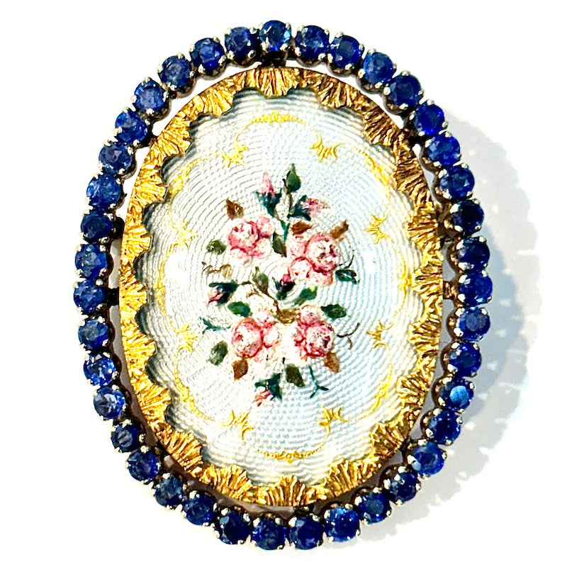 Ciondolo/Spilla d'epoca capolavoro, con dipinto a mano rose, zaffiri, smalti e oro; 14.66 gr