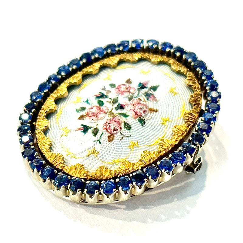 Ciondolo/Spilla d'epoca capolavoro, con dipinto a mano rose, zaffiri, smalti e oro; 14.66 gr