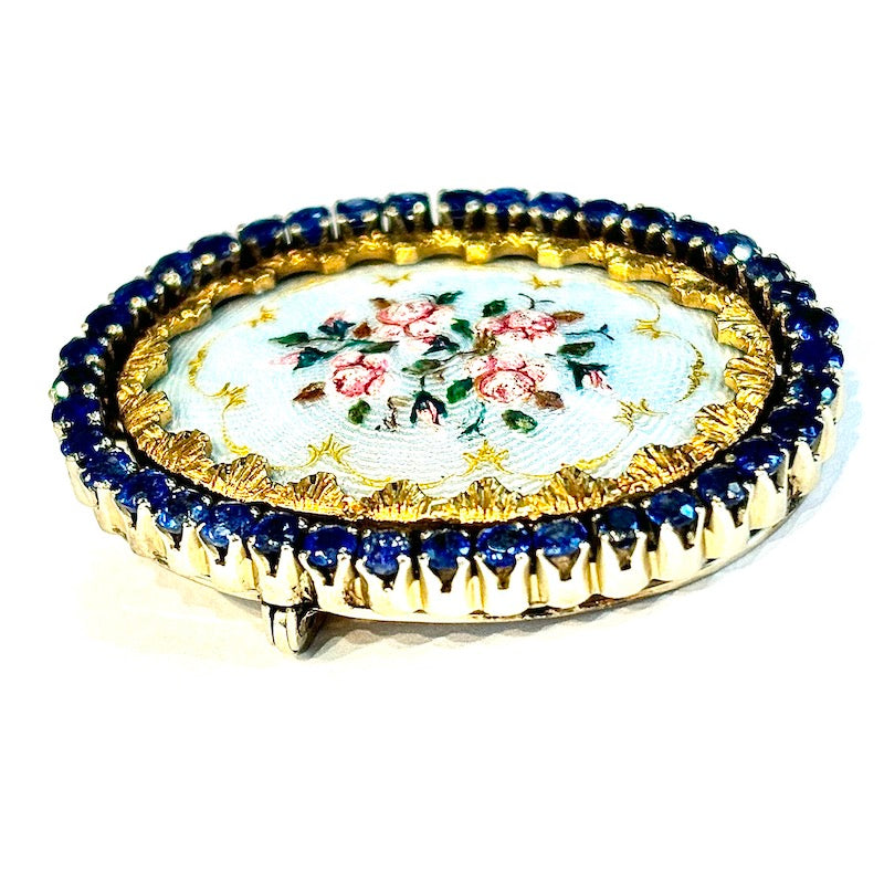 Ciondolo/Spilla d'epoca capolavoro, con dipinto a mano rose, zaffiri, smalti e oro; 14.66 gr