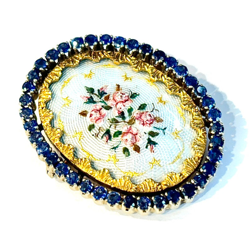 Ciondolo/Spilla d'epoca capolavoro, con dipinto a mano rose, zaffiri, smalti e oro; 14.66 gr
