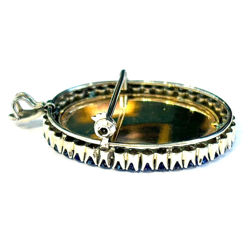 Ciondolo/Spilla d'epoca capolavoro, con dipinto a mano rose, zaffiri, smalti e oro; 14.66 gr