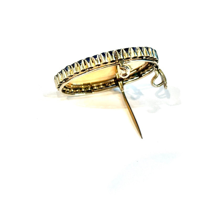 Ciondolo/Spilla d'epoca capolavoro, con dipinto a mano rose, zaffiri, smalti e oro; 14.66 gr