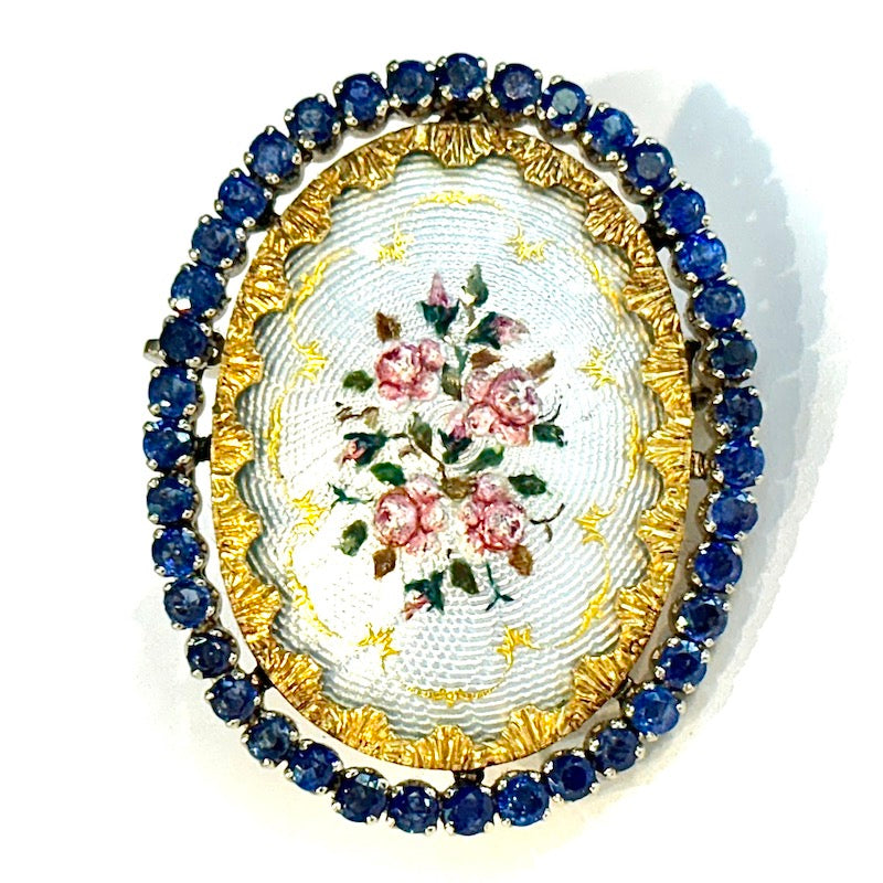 Ciondolo/Spilla d'epoca capolavoro, con dipinto a mano rose, zaffiri, smalti e oro; 14.66 gr