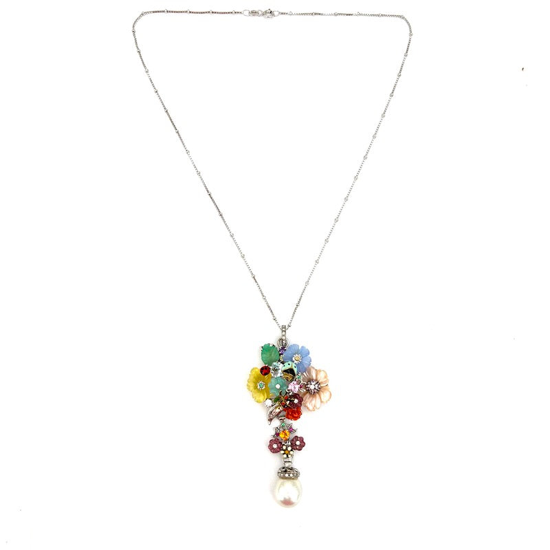 Ciondolo artistico bouquet, gemme multicolor, brillanti e perla australiana, in oro, con catenina palline; 19.76 gr