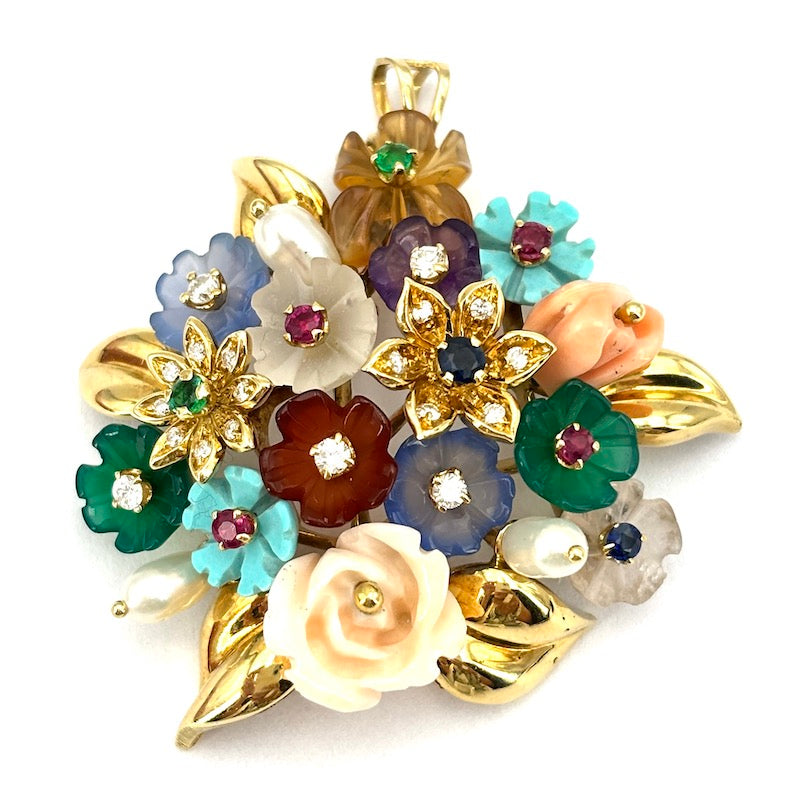 Ciondolo artistico bouquet, gemme multicolor e brillanti, in oro giallo; 17.53 gr
