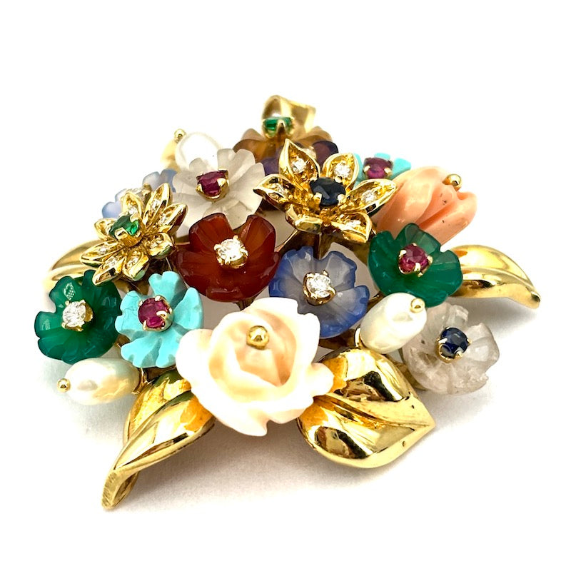 Ciondolo artistico bouquet, gemme multicolor e brillanti, in oro giallo; 17.53 gr