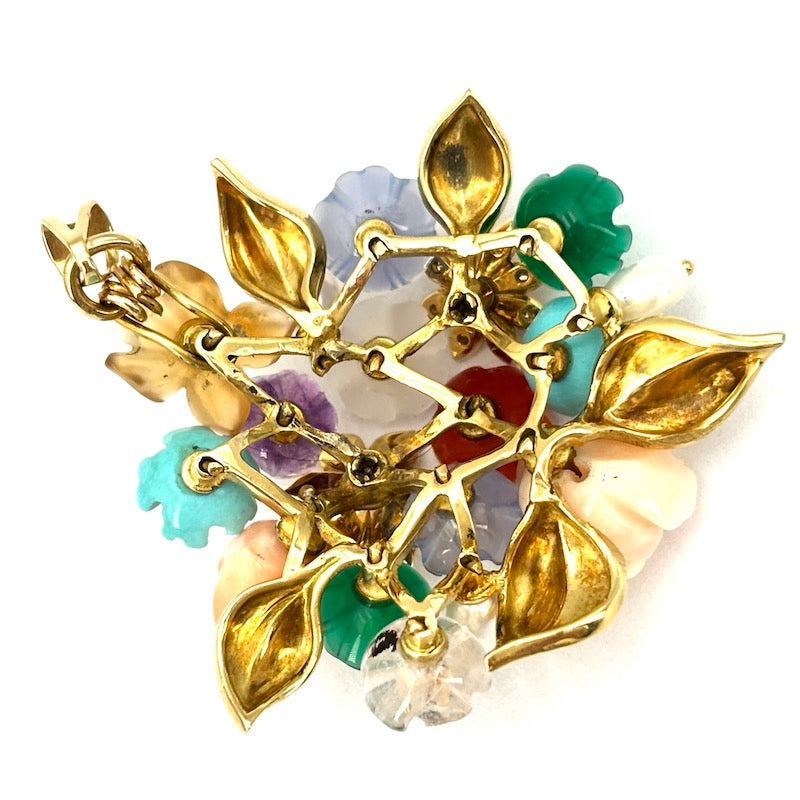 Ciondolo artistico bouquet, gemme multicolor e brillanti, in oro giallo; 17.53 gr