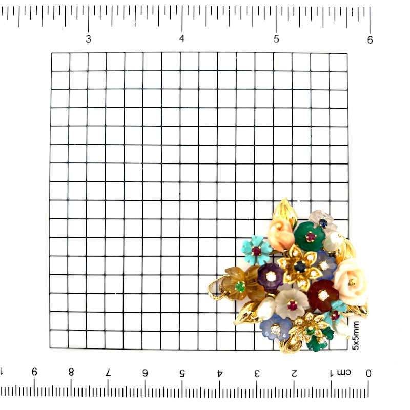Ciondolo artistico bouquet, gemme multicolor e brillanti, in oro giallo; 17.53 gr