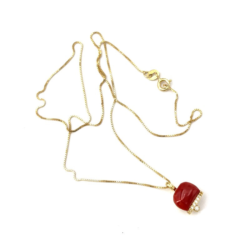 Ciondolo campanella corallo rosso naturale e argento dorato; 3.1 gr