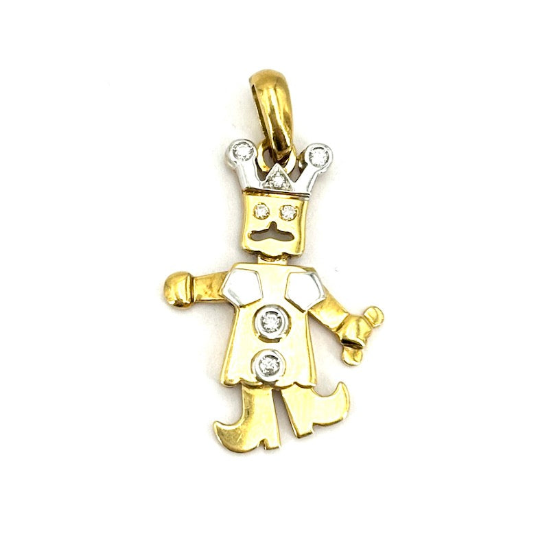 Ciondolo charm giullare re semi mobile, oro 18 kt e brillanti; 5.21 gr