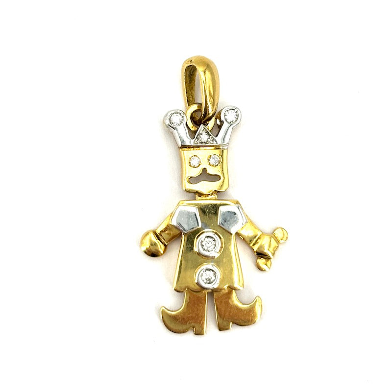 Ciondolo charm giullare re semi mobile, oro 18 kt e brillanti; 5.21 gr