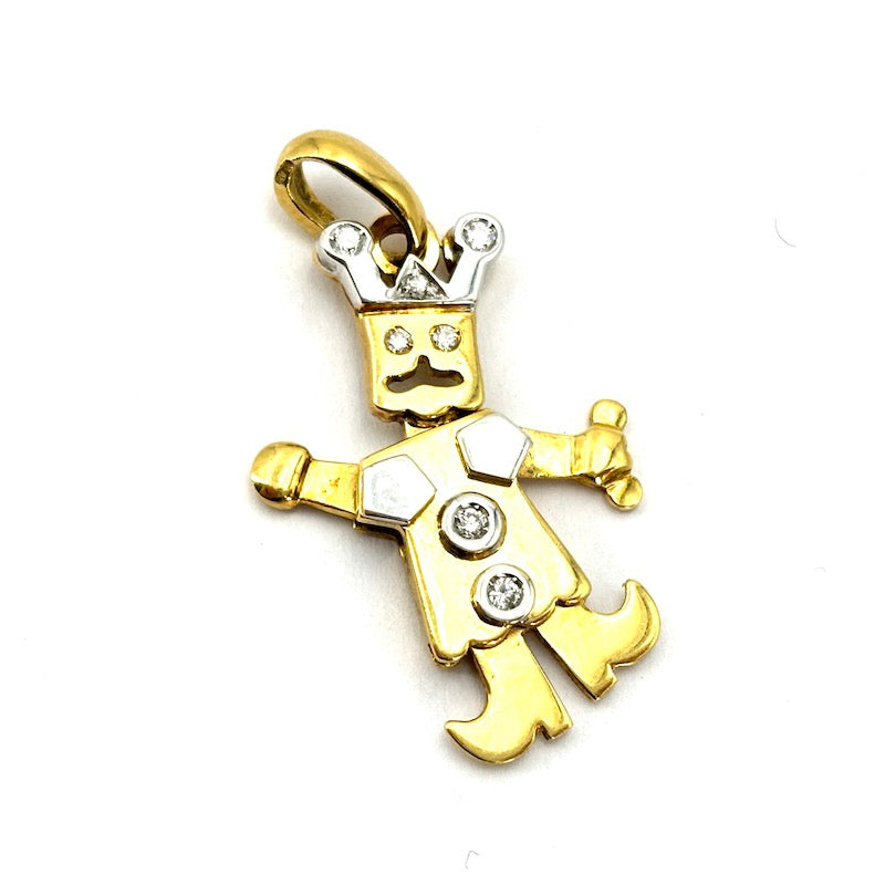 Ciondolo charm giullare re semi mobile, oro 18 kt e brillanti; 5.21 gr