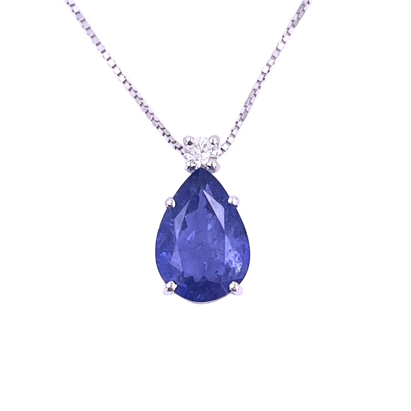 Ciondolo goccia tanzanite con brillante e catenina in oro bianco; 2.81 gr