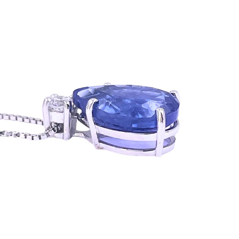 Ciondolo goccia tanzanite con brillante e catenina in oro bianco; 2.81 gr