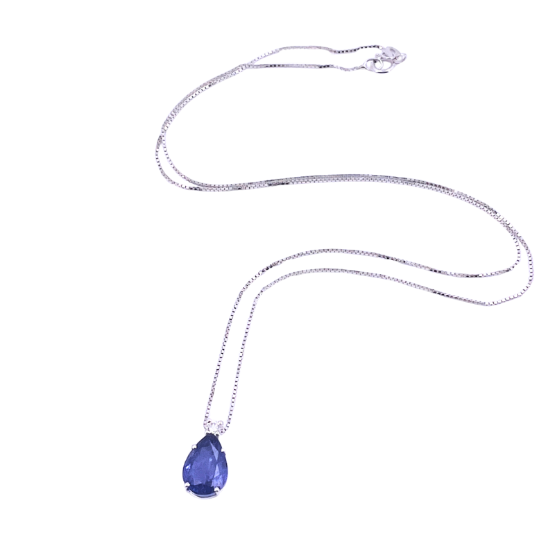 Ciondolo goccia tanzanite con brillante e catenina in oro bianco; 2.81 gr