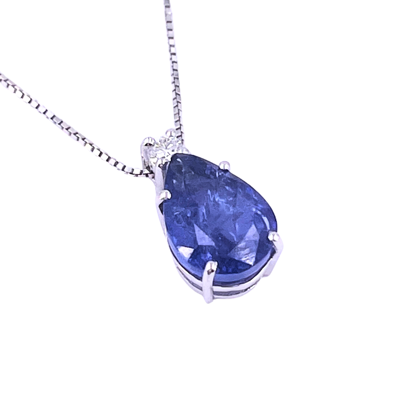 Ciondolo goccia tanzanite con brillante e catenina in oro bianco; 2.81 gr