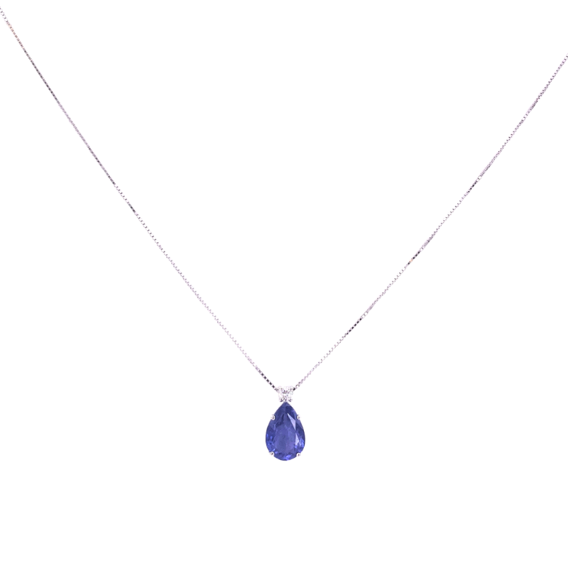 Ciondolo goccia tanzanite con brillante e catenina in oro bianco; 2.81 gr