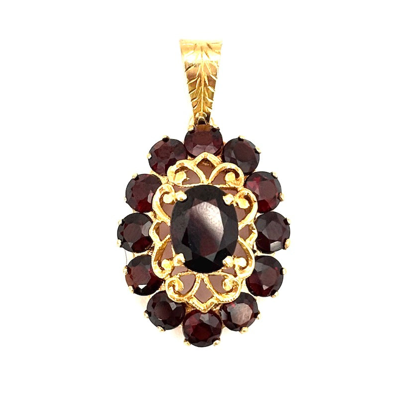 Ciondolo vintage ovale granati e oro giallo - 3.3 cm x 1.8 cm; 5.3 gr