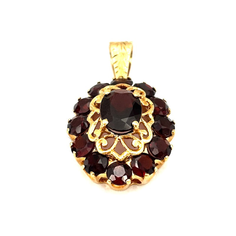 Ciondolo vintage ovale granati e oro giallo - 3.3 cm x 1.8 cm; 5.3 gr