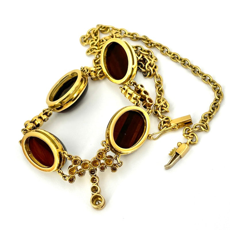 Collana/collier girocollo oro giallo, brillanti e gemme occhio di bue; 36.64 gr