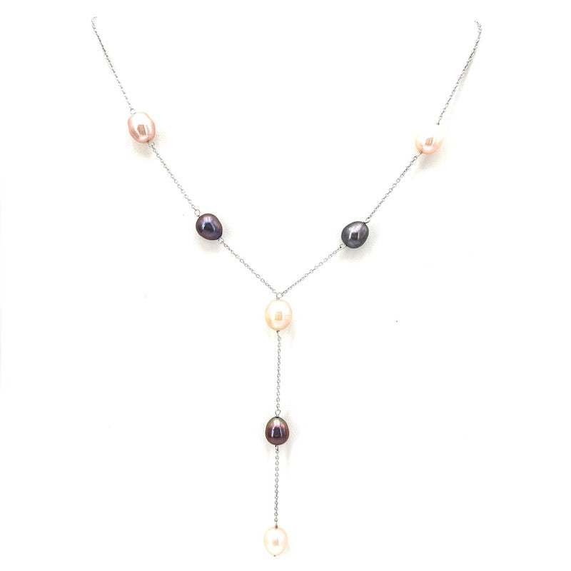 Collana a Y catena alternata perle bianco-nere e oro bianco, 40 cm; 10.73 gr