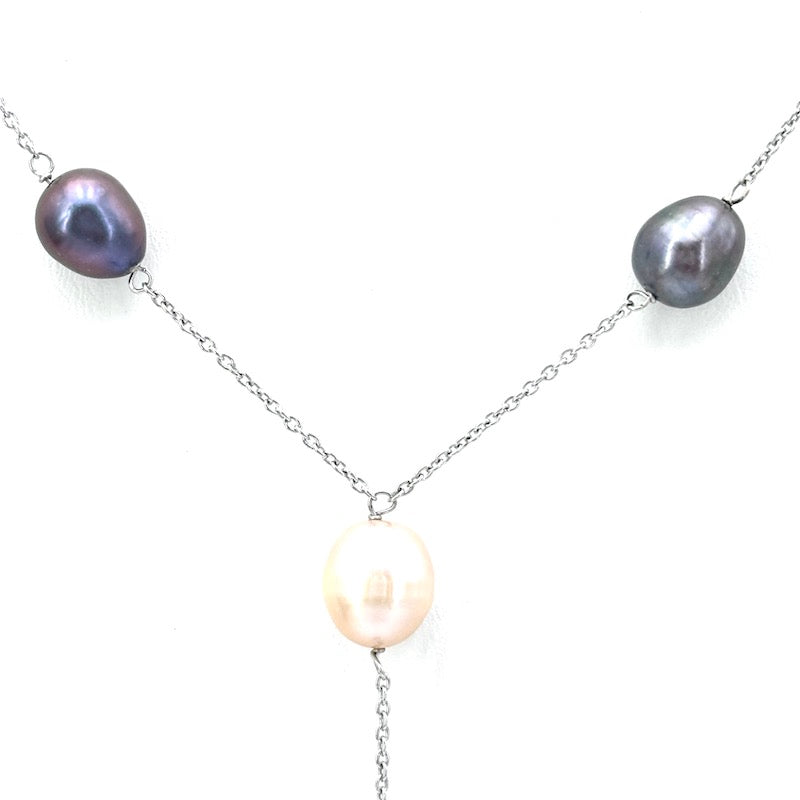 Collana a Y catena alternata perle bianco-nere e oro bianco, 40 cm; 10.73 gr