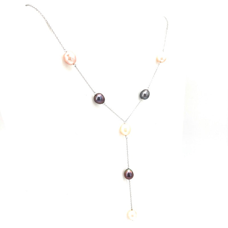 Collana a Y catena alternata perle bianco-nere e oro bianco, 40 cm; 10.73 gr
