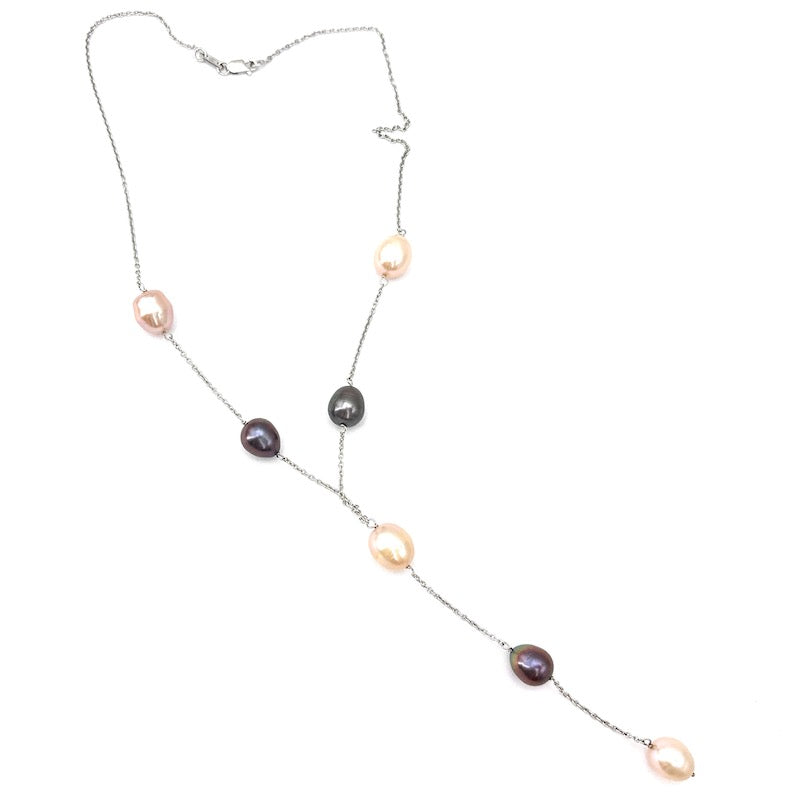 Collana a Y catena alternata perle bianco-nere e oro bianco, 40 cm; 10.73 gr