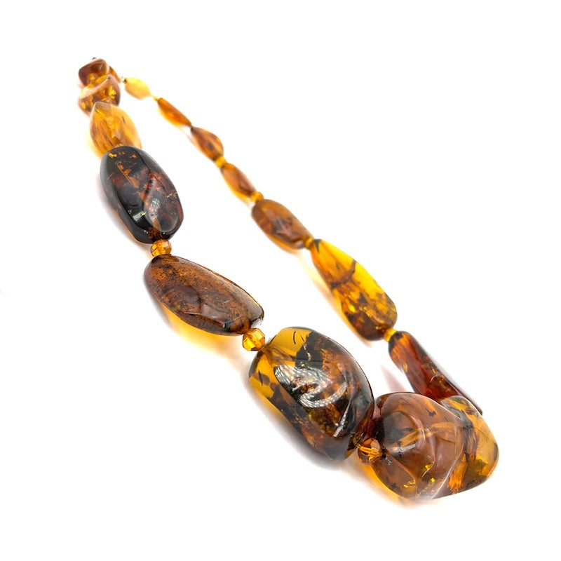 Collana ambra maxi, sassi irregolari a scalare, e argento;  62 cm - gr 174