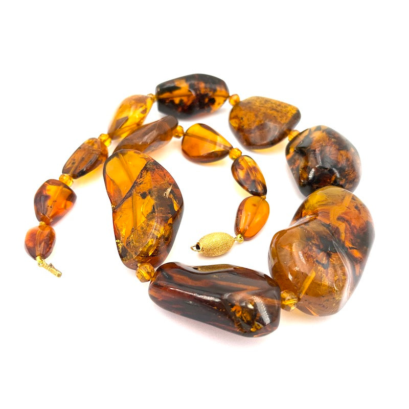 Collana ambra maxi, sassi irregolari a scalare, e argento;  62 cm - gr 174