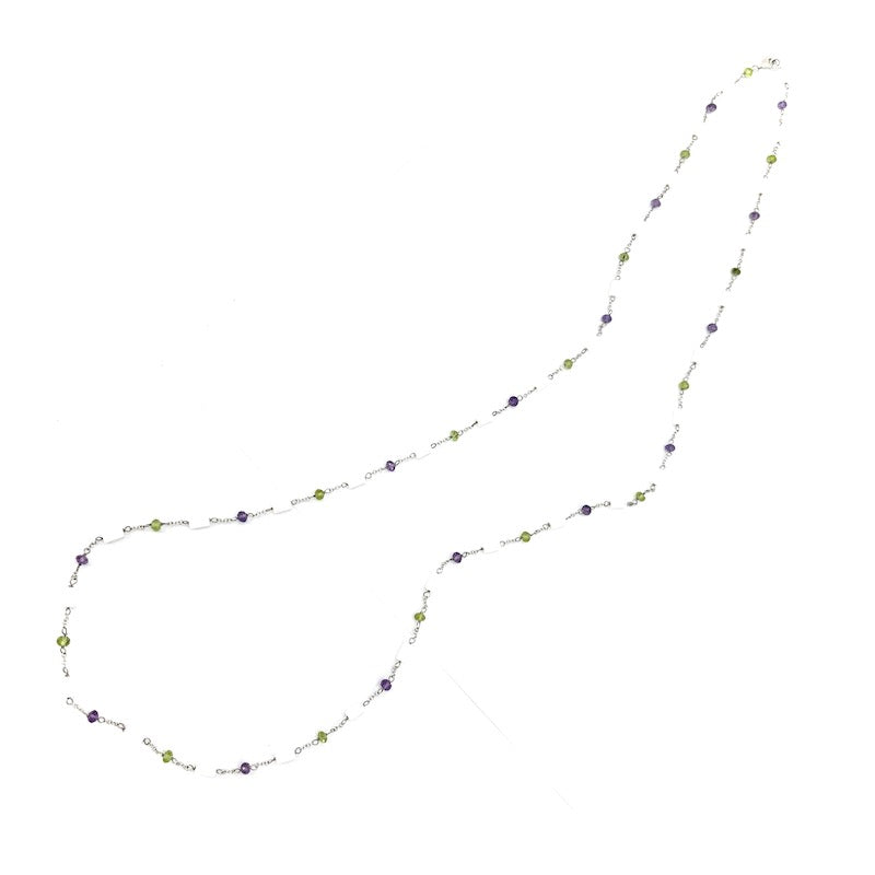 Collana catena alternata micro pietre e oro bianco, 86 cm; 11.6 gr
