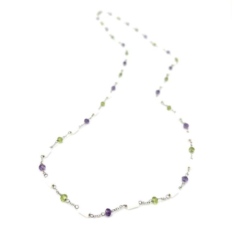 Collana catena alternata micro pietre e oro bianco, 86 cm; 11.6 gr