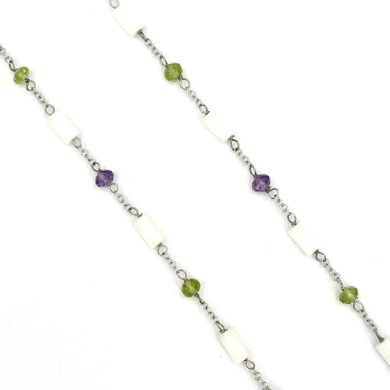 Collana catena alternata micro pietre e oro bianco, 86 cm; 11.6 gr
