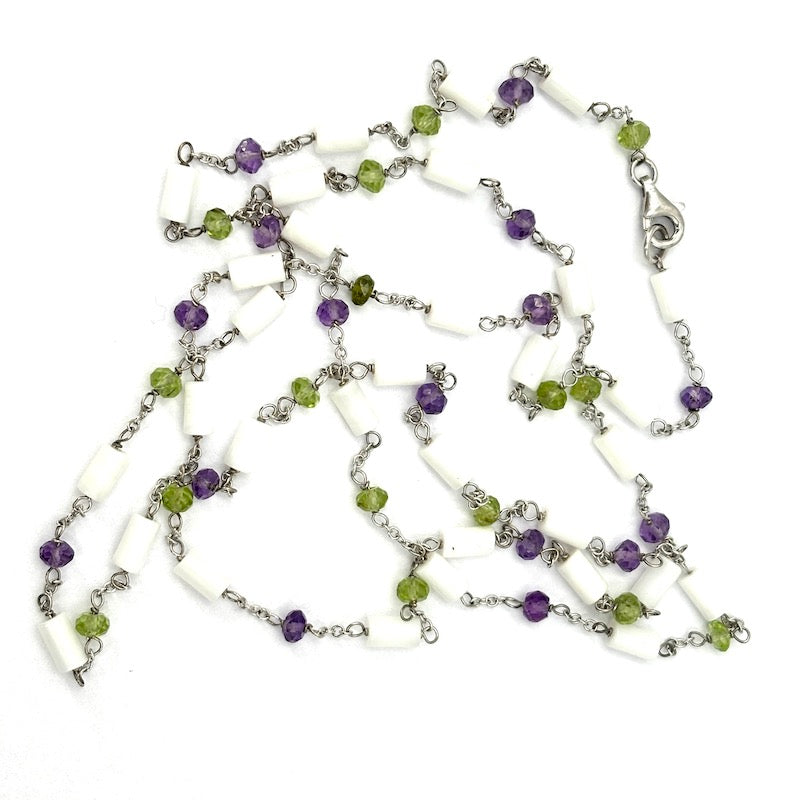 Collana catena alternata micro pietre e oro bianco, 86 cm; 11.6 gr