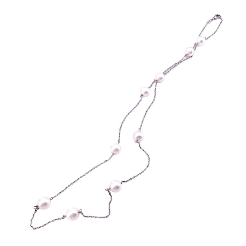 Collana catena alternata perle e oro bianco ,62 cm; 14.55 gr