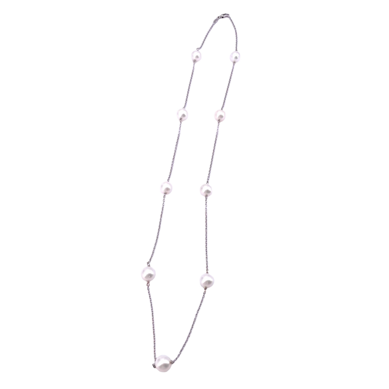 Collana catena alternata perle e oro bianco ,62 cm; 14.55 gr